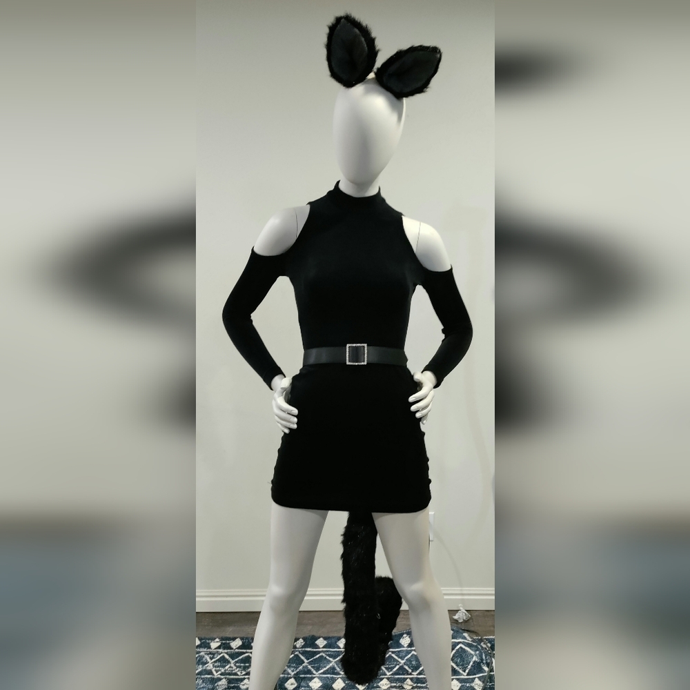 Elope Oversized Black Kitty Tail & Ears W/ Black Velvet Mini & Rhinestone Belt-S